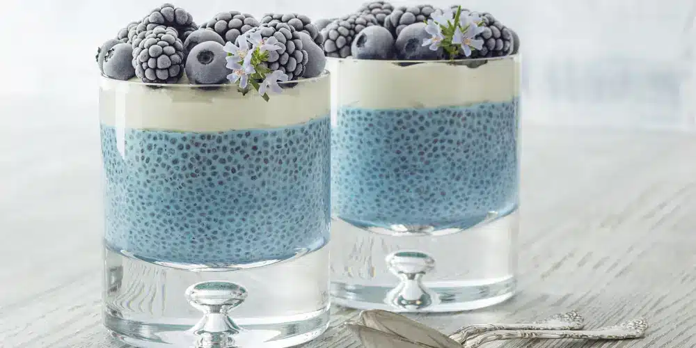 Deux verres de pudding de chia bleu, nappés de yaourt crémeux et de mûres givrées, et décorés de petites fleurs blanches. Une présentation élégante et rafraîchissante.