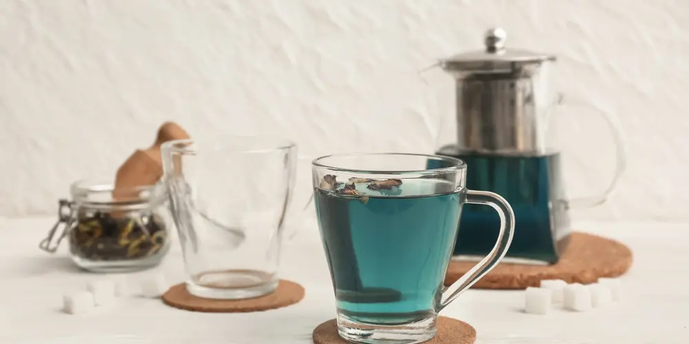 Une tasse en verre contenant un thé aux fleurs de pois papillon d'un bleu éclatant repose sur un sous-verre, tandis qu'une théière en verre et une tasse vide sont disposées à proximité sur une surface blanche. L'atmosphère est calme et accueillante.