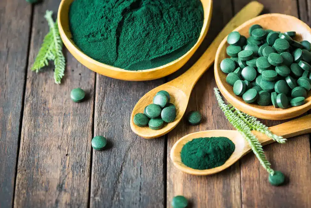 Poudre de spiruline et comprimés dans le bol.